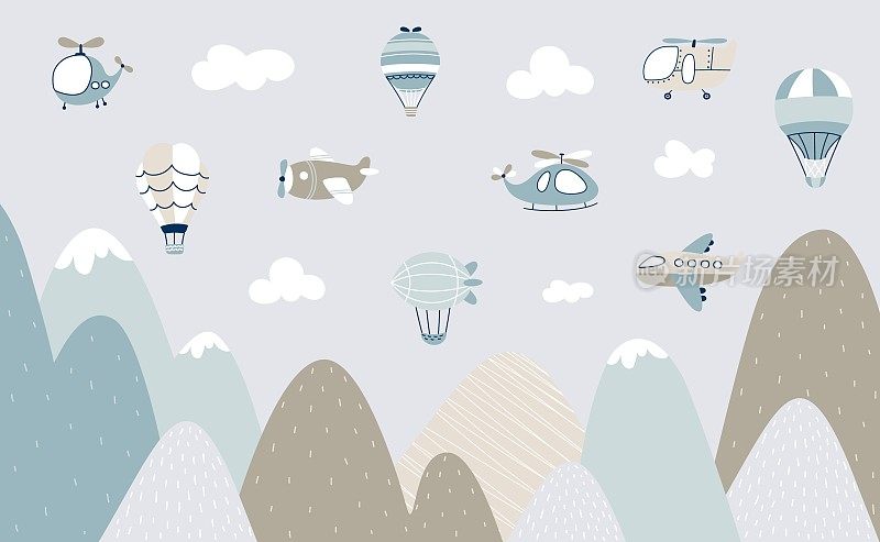Scandinavian style kids landscape. Aircraft flying over mountain, childish banner with air transport and rocks. Nursery print, cartoon nowaday vector background
